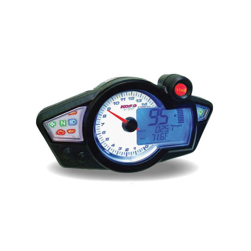 Compteur de vitesse KOSO RX1N+ GP Style II multifonctions fond blanc