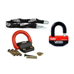 Kit antivol VECTOR - chaîne 1,30m + cadenas/bloque-disque MiniMax+ + Fixation Compac Blok